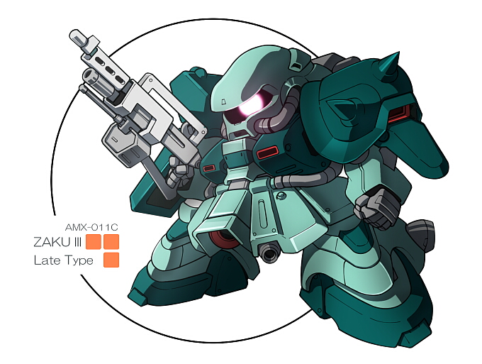 beam_machinegun chibi glowing gundam gundam_zz mecha no_humans robot solo take_tonbo zaku_iii
