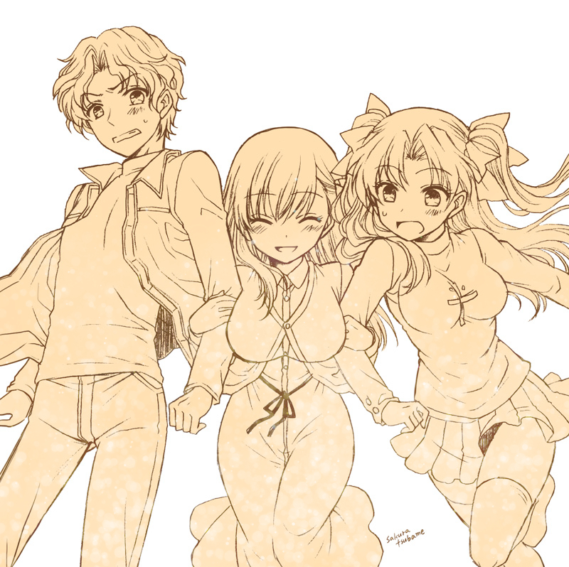 1boy 2girls blouse brother_and_sister dress eyes_closed fate/stay_night fate_(series) hair_ribbon heaven&#039;s_feel jacket locked_arms long_hair matou_sakura matou_shinji multiple_girls pleated_skirt ribbon sakura_tsubame shirt short_hair siblings sisters skirt smile sweater thighhighs tohsaka_rin turtleneck turtleneck_sweater twintails two_side_up wavy_hair
