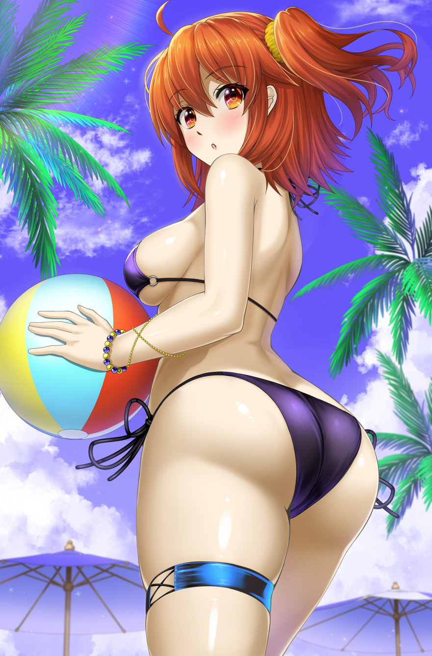 1girl ahoge ass back ball bare_shoulders beach_umbrella beachball bikini black_bikini blue_sky breasts fate/grand_order fate_(series) fujimaru_ritsuka_(female) highres looking_at_viewer looking_back medium_breasts one_side_up open_mouth orange_eyes orange_hair shibata_rai short_hair sky solo swimsuit thighs umbrella