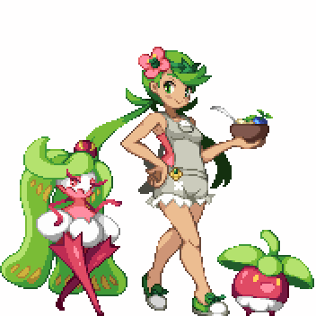 1girl :d bare_arms bare_legs bare_shoulders berry berry_(pokemon) blush bounsweet bowl breasts closed_mouth creatures_(company) crossed_legs crown dark-skinned_female dark_skin eyelashes flower full_body game_freak gen_7_pokemon green_eyes green_footwear green_hair hair_flower hair_ornament half-closed_eyes hand_on_own_hip headband holding holding_bowl long_hair looking_away looking_to_the_side lowres mallow_(pokemon) medium_breasts mini_crown nintendo open_mouth overalls pixel_art pokemon pokemon_(creature) pokemon_sm red_eyes red_thighhighs shirokuro_(oyaji) shoes simple_background smile spoon standing thighhighs tri_tails trial_captain tsareena twintails walking watson_cross white_background