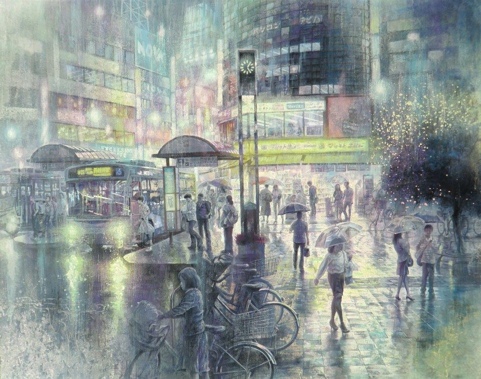 6+others bicycle building bus bus_stop bus_stop_sign city holding holding_umbrella motor_vehicle multiple_others night original painting_(medium) people road scenery sidewalk street tanamachi_yoshihiro traditional_media tree umbrella watercolor_(medium) window
