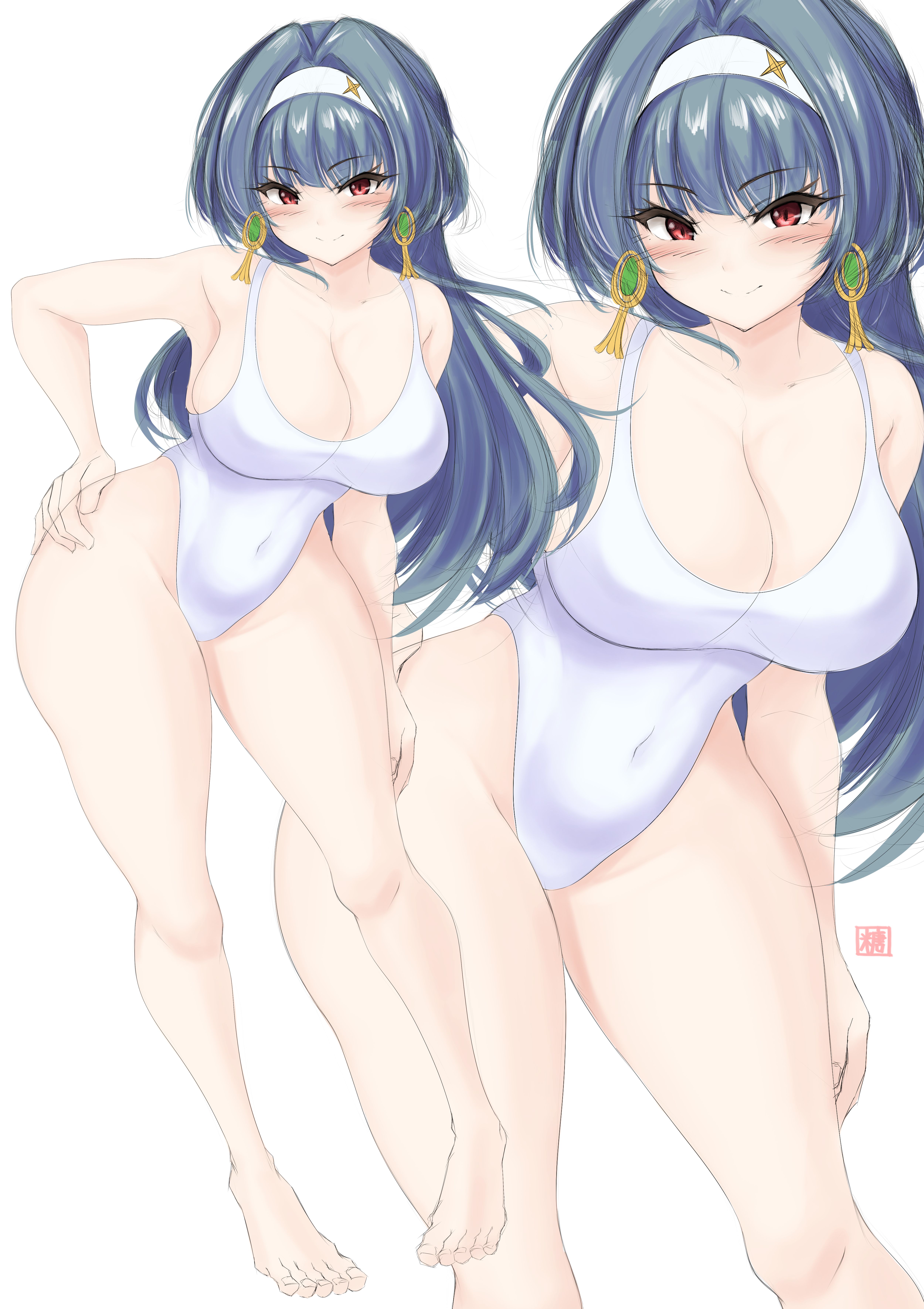 1girl absurdres arena_(company) astra_yao barefoot black_hair breasts cleavage competition_swimsuit earrings feet_out_of_frame full_body hairband highleg highleg_one-piece_swimsuit highres jewelry large_breasts logo long_hair looking_at_viewer multiple_views one-piece_swimsuit red_eyes swimsuit tong_shui uneven_bangs white_hairband white_one-piece_swimsuit zenless_zone_zero