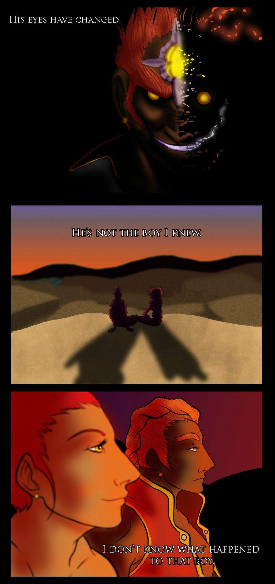 1boy 1girl closed_mouth comic dark_skin darkb0 earrings english_text from_side full_body ganon ganondorf gerudo high_ponytail highres jewelry long_hair looking_at_viewer nabooru nintendo orange_eyes orange_hair ponytail red_hair short_hair sitting smile the_legend_of_zelda the_legend_of_zelda:_ocarina_of_time