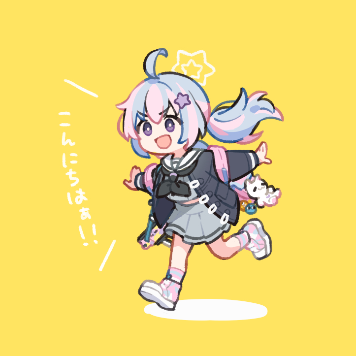 1girl ahoge backpack bag black_jacket black_neckerchief blue_archive blush full_body grey_serafuku grey_skirt hair_ornament halo jacket long_hair long_sleeves mmlu_(honwa_karesu) multicolored_hair neckerchief open_clothes open_jacket open_mouth pink_hair pleated_skirt purple_eyes purple_hair reisa_(blue_archive) sailor_collar school_uniform serafuku shoes simple_background skirt smile socks solo star_(symbol) star_hair_ornament striped_clothes striped_socks twintails white_sailor_collar yellow_background