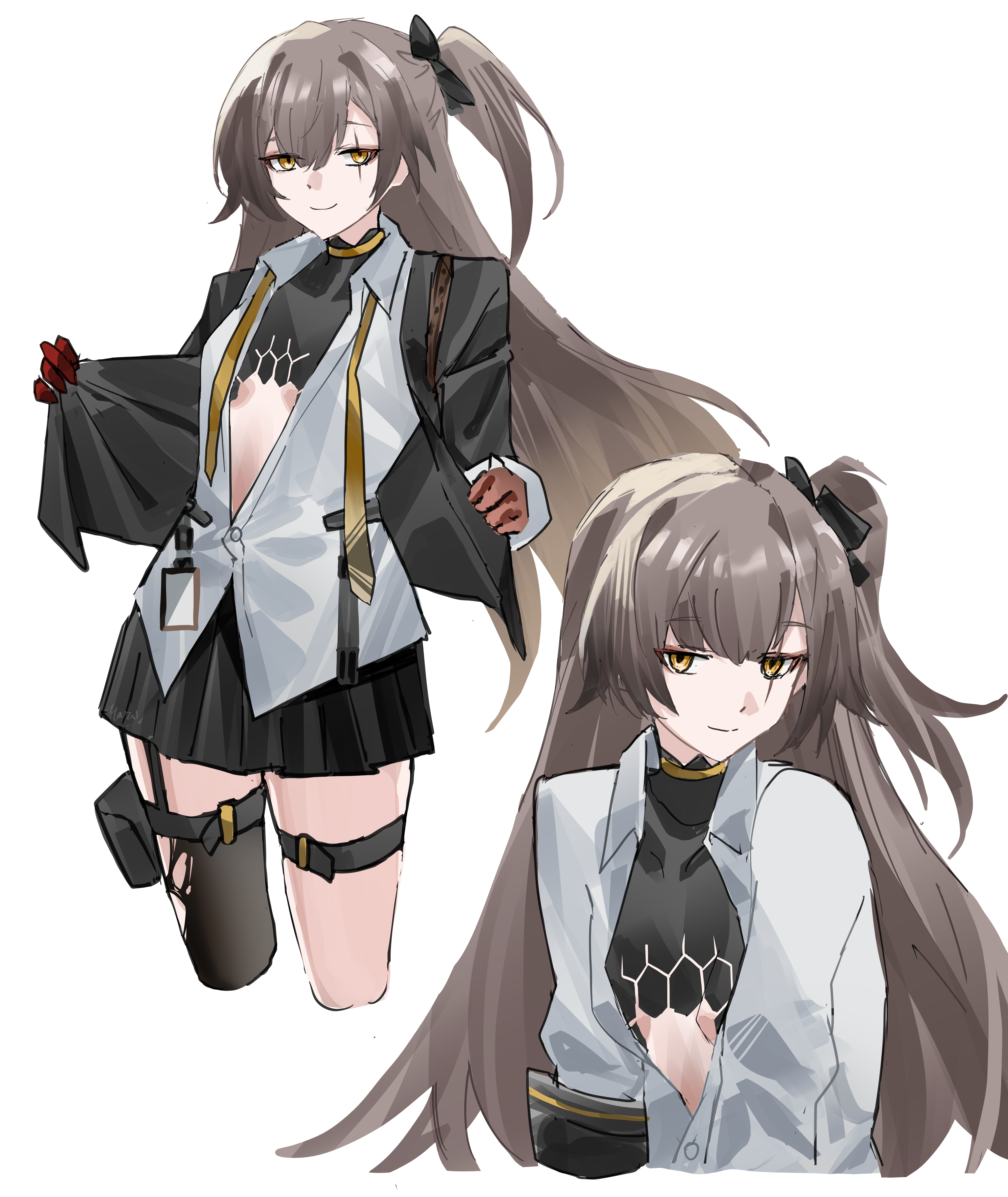 1girl absurdres girls'_frontline girls'_frontline_2:_exilium highres leva_(girls'_frontline_2) loose_necktie mechanical_arms necktie partial_bodysuit partially_unbuttoned prosthesis prosthetic_arm scar scar_across_eye scar_on_face single_mechanical_arm solo ump45_(girls'_frontline) yazu_(zoddiacz) yellow_necktie