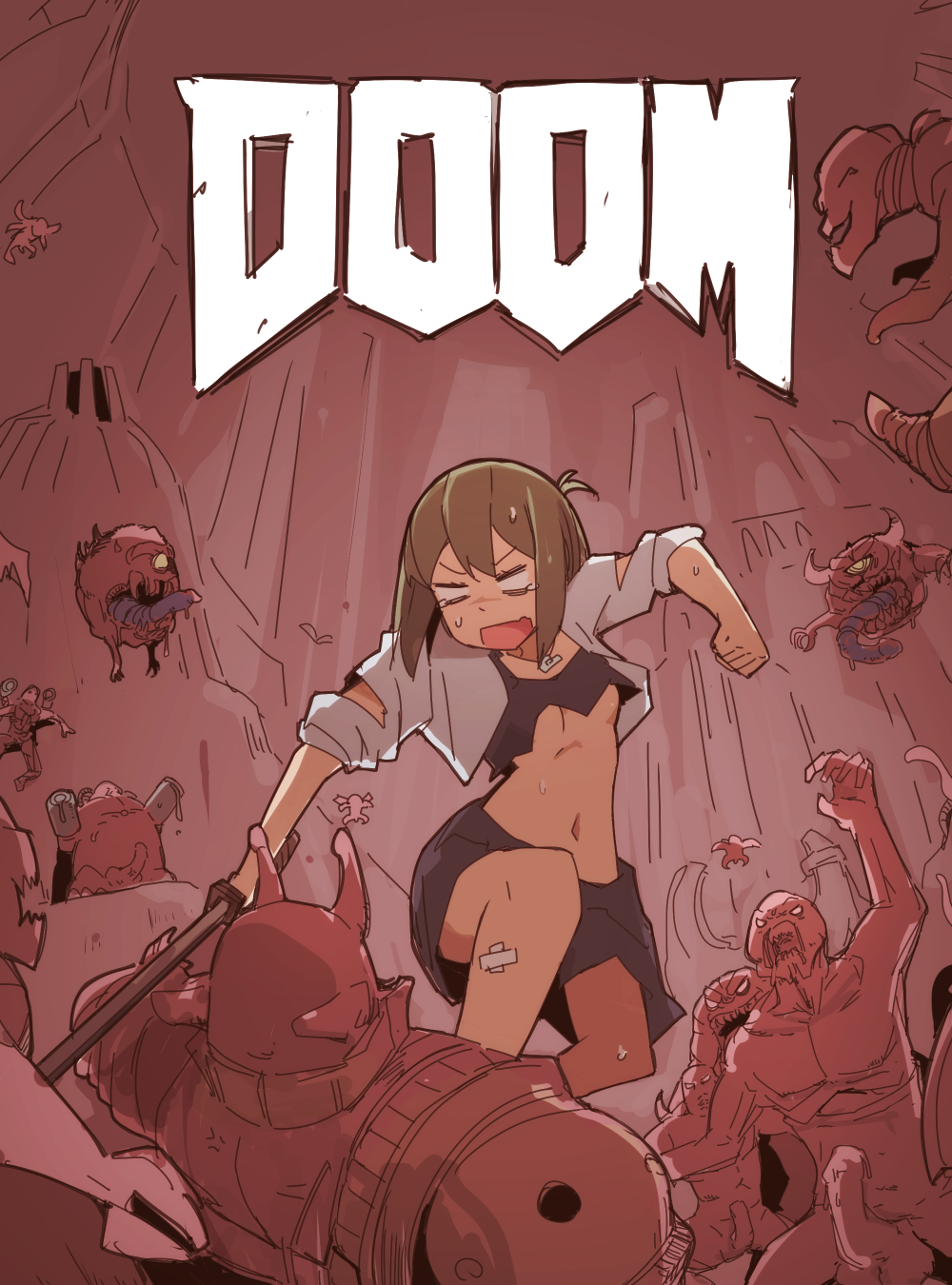 1girl 6+others action armor axe bandages baron_of_hell battle blue_eyes brown_hair cacodemon demon doom_(series) doom_i hell helmet highres horns imminent_rape imp_(doom) jewelry lost_soul_(doom) mancubus midriff multiple_others navel necklace nns_(sobchan) open_mouth pain_elemental penis pinky_demon revenant_(doom) science_fiction short_hair sword the_shining weapon zombie zombieman_(doom)
