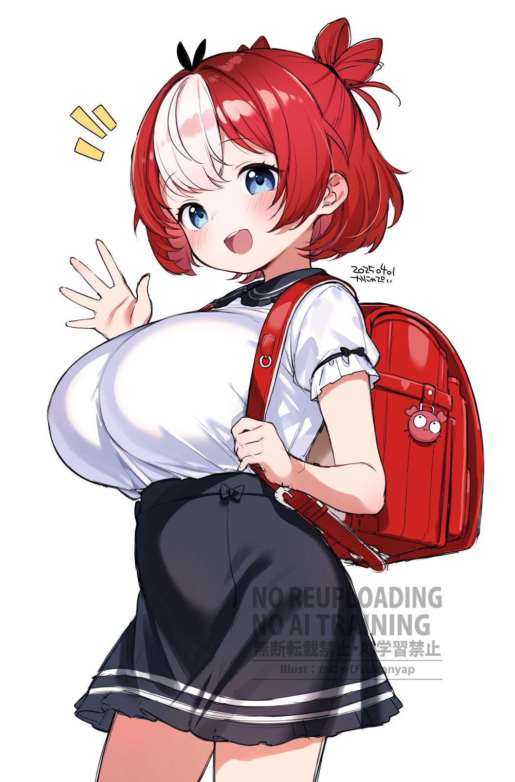 1girl 2025 :d backpack bag bag_charm blue_eyes blue_skirt breasts charm_(object) collared_shirt commentary_request cowboy_shot dated high-waist_skirt highres holding_strap huge_breasts kanya_pyi large_breasts looking_at_viewer multicolored_hair notice_lines open_hand open_mouth oppai_loli original randoseru red_bag red_hair shirt short_hair short_sleeves skirt smile solo teeth two-tone_hair upper_teeth_only white_background white_hair white_shirt