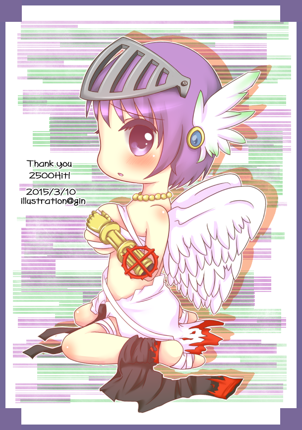 1girl black_gloves black_pants blush border breast_suppress breasts chest_sarashi chibi chibi_only clothes_around_waist commentary_request cross cross_necklace feathered_wings full_body gauntlets ginn0613v gloves green_background head_wings jewelry large_breasts looking_at_viewer looking_to_the_side milestone_celebration necklace open_mouth pants pants_around_one_leg purple_background purple_border purple_eyes purple_hair ragnarok_online sarashi shirt shirt_around_waist short_hair solo striped_background sura_(ragnarok_online) visor_(armor) white_background white_shirt white_wings wings
