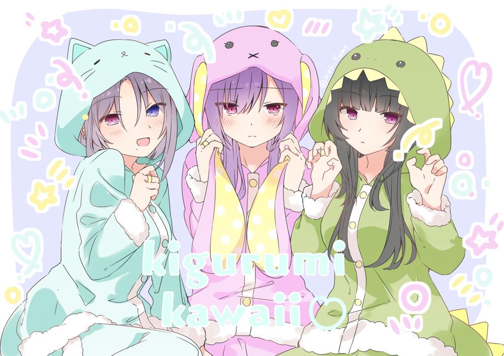 3girls :d x_mouth animal_ears animal_hood aqua_pajamas aqua_pants arm_at_side assault_lily benini black_hair blue_background blue_eyes blunt_bangs blush border breasts buttons cat_ears cat_hood claw_pose closed_mouth commentary cowboy_shot dinosaur_hood dinosaur_tail fake_animal_ears fake_tail fur-trimmed_pajamas fur-trimmed_sleeves fur_trim green_pajamas green_pants grey_hair hair_between_eyes hand_up hands_up heart heterochromia hood hood_up hooded_pajamas jewelry kagawa_makina long_bangs long_hair long_sleeves looking_at_viewer matsumura_fuuka medium_breasts mole mole_under_mouth morimoto_yuni multiple_girls official_alternate_costume open_mouth outside_border pajamas pants parted_bangs pink_eyes pink_pajamas pink_pants purple_hair rabbit_ears rabbit_hood ring romaji_text side-by-side sidelocks sitting smile star_(symbol) symbol-only_commentary tail white_border