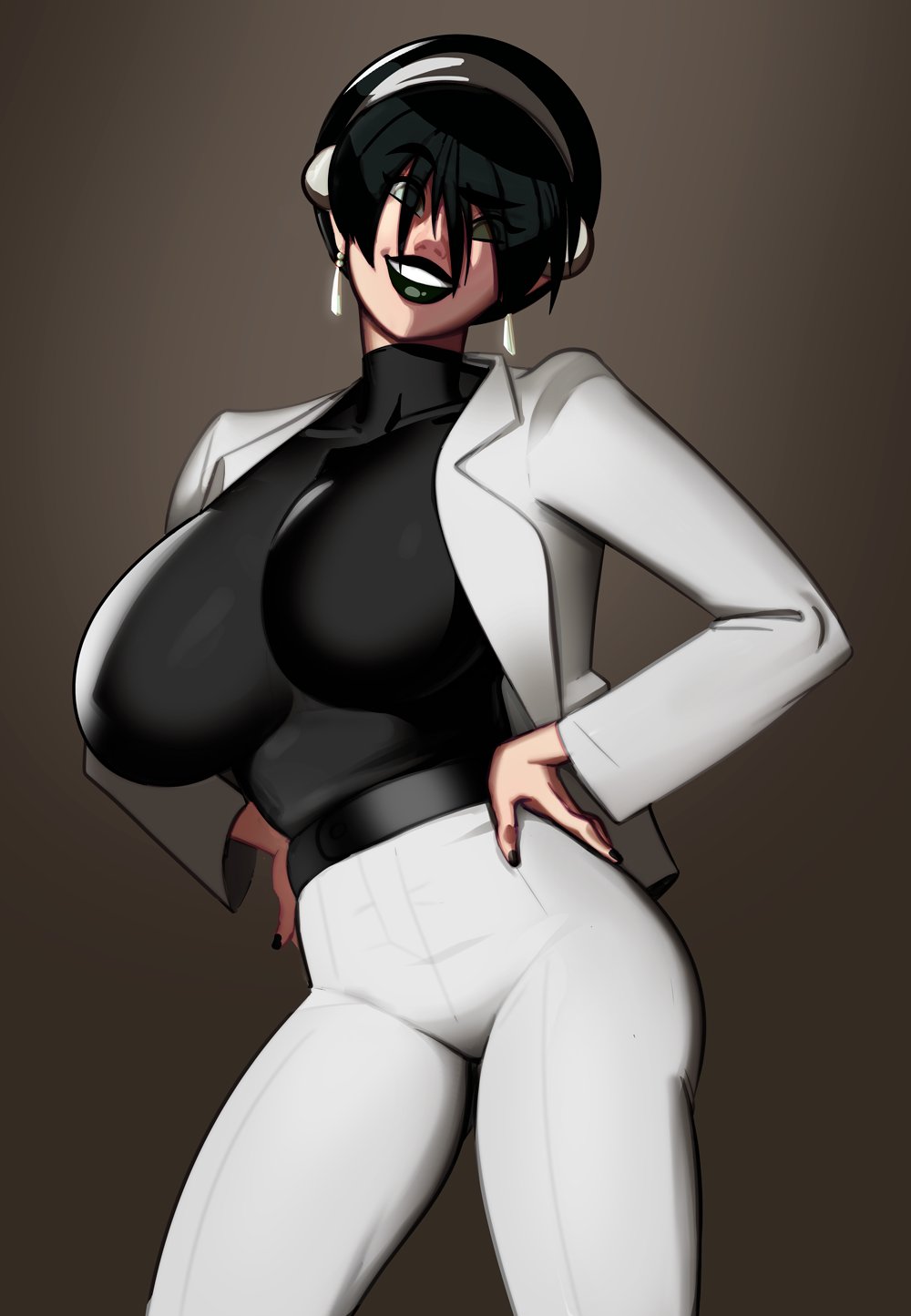 1girl avatar:_the_last_airbender avatar_legends belt black_hair black_lips breasts business_suit cowboy_shot earrings formal_clothes from_below green_eyes grin hands_on_own_hips highres impossible_clothes jewelry large_breasts looking_at_viewer morganagod nail_polish raised_eyebrow short_hair smile standing suit thick_eyebrows toph_beifong