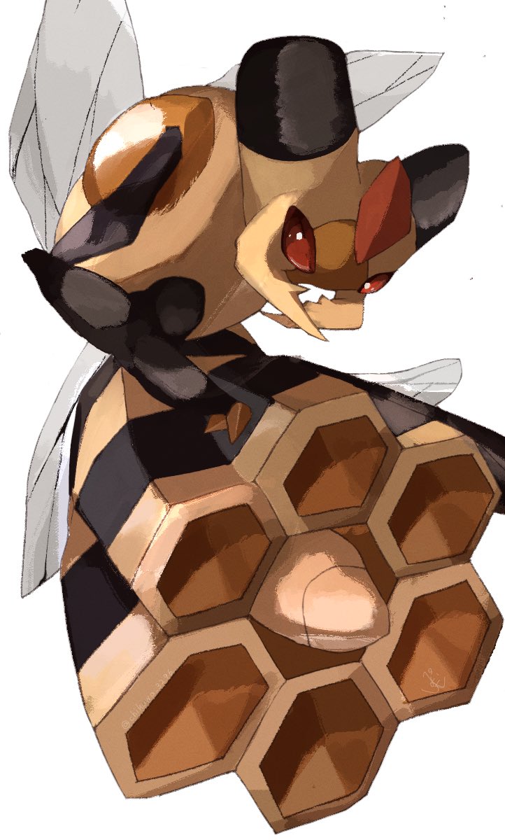 bee beehive bug gen_4_pokemon highres insect insect_wings nintendo no_mouth pemuchi_(chikuwa_3296) pokemon pokemon_(creature) red_eyes simple_background solo striped vespiquen white_background wings
