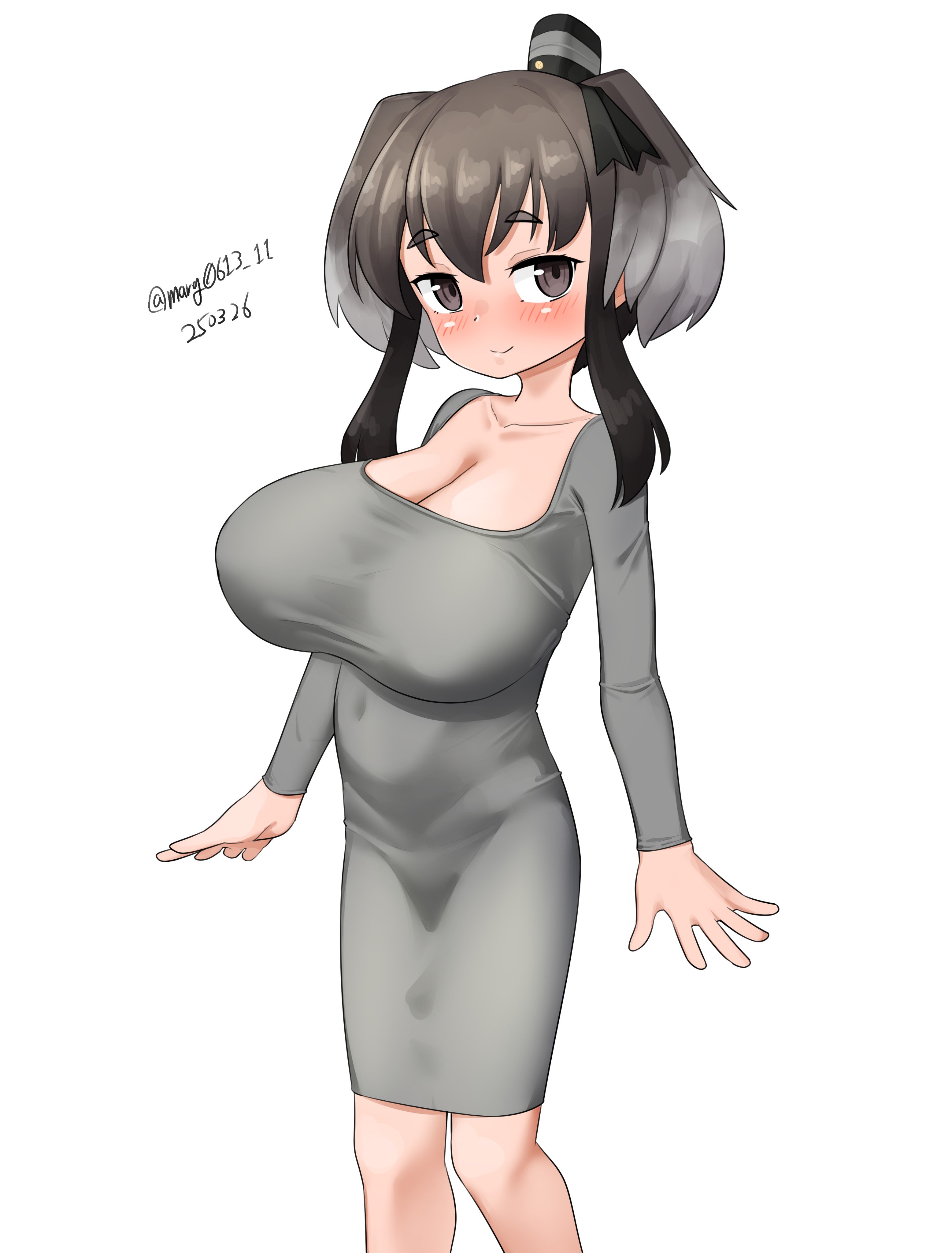 1girl absurdres alternate_breast_size alternate_costume black_hair breasts brown_eyes cleavage dated dress feet_out_of_frame grey_dress hat highres huge_breasts kantai_collection long_dress looking_at_viewer maru_(marg0613) mini_hat short_hair short_hair_with_long_locks simple_background smokestack_hair_ornament solo thick_eyebrows tokitsukaze_(kancolle) twitter_username two_side_up white_background
