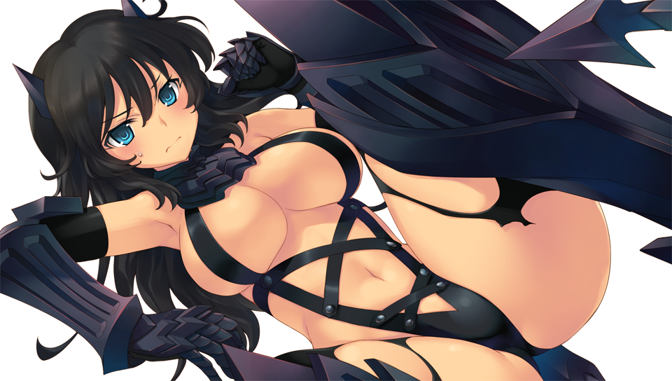 1girl aqua_eyes aquaplus armor armored_boots black_armor black_hair boots bou_(inubou) breasts dungeon_travelers_2 female_focus greaves grisherina_efleanor large_breasts long_hair official_art solo torn_clothes transparent_background