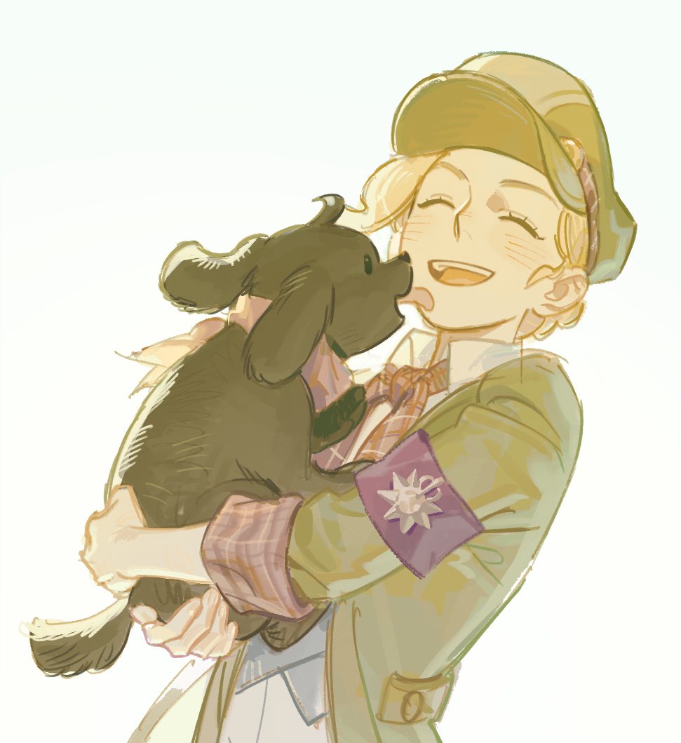 1girl ace_attorney aguan animal armor blonde_hair blush coat dog gina_lestrade green_coat green_hat hat holding holding_animal holding_dog open_mouth puppy purple_armor shirt short_hair smile solo the_great_ace_attorney the_great_ace_attorney_2:_resolve toby_(ace_attorney) upper_body white_shirt