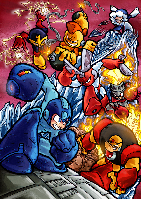 6+boys arm_cannon battle bomb bomb_man capcom cut_man elec_man electricity explosive fire fire_man grin guts_man helmet ice ice_man joints mega_man_(character) mega_man_(classic) mega_man_(series) multiple_boys robot robot_ears robot_joints rockman_(game) smile weapon