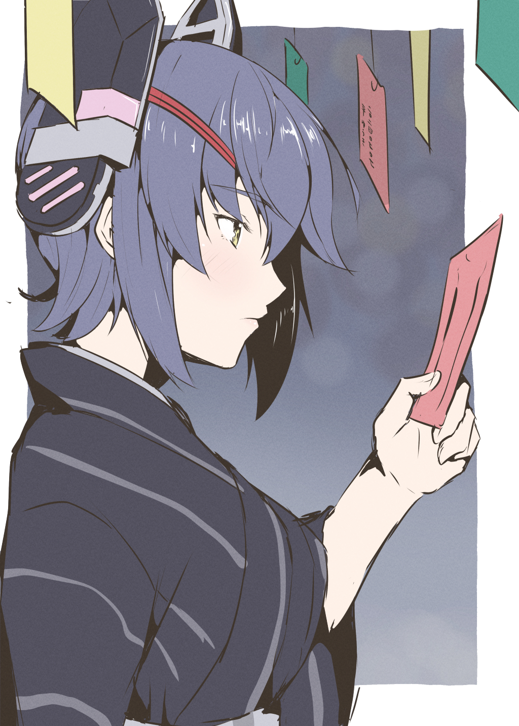 1girl alternate_costume black_hair black_kimono eyepatch headgear highres japanese_clothes kantai_collection kimono reading solo taira_yuuki tanabata tanzaku tenryuu_(kancolle) upper_body yellow_eyes yukata