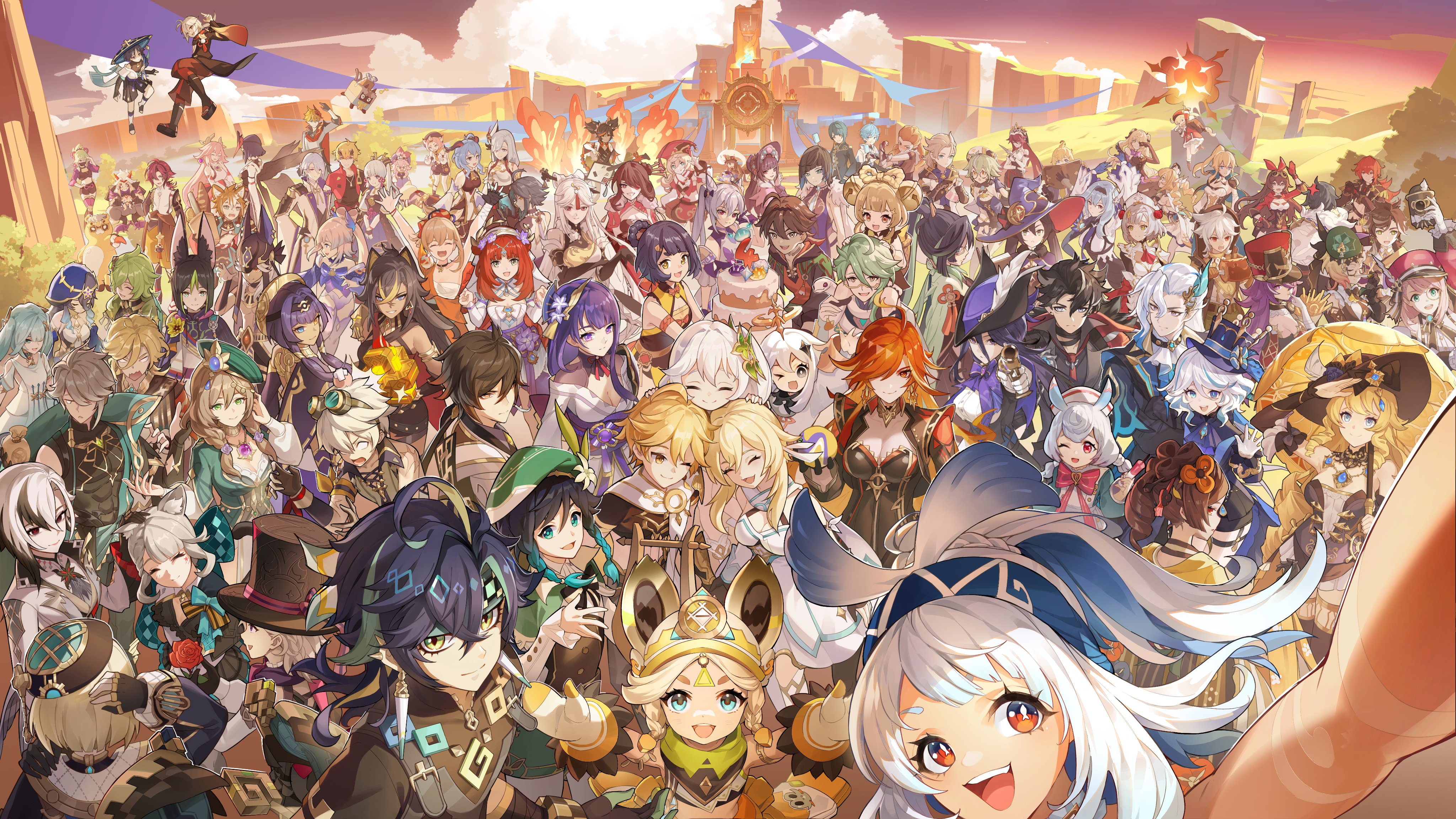 2024_summer_olympics 6+boys 6+girls absolutely_everyone absurdres aether_(genshin_impact) ahoge albedo_(genshin_impact) alhaitham_(genshin_impact) aloy_(horizon) amber_(genshin_impact) animal_ears anniversary arataki_itto arlecchino_(genshin_impact) ayaka_(genshin_impact) baizhu_(genshin_impact) barbara_(genshin_impact) beidou_(genshin_impact) bennett_(genshin_impact) biker_clothes bikesuit black_bodysuit black_eyes black_gloves black_hair blonde_hair blue_eyes blue_hair bodysuit breasts cake candace_(genshin_impact) cat_girl charlotte_(genshin_impact) chevreuse_(genshin_impact) chinese_clothes chiori_(genshin_impact) chongyun_(genshin_impact) cleavage clorinde_(genshin_impact) closed_mouth collei_(genshin_impact) cosplay cyno_(genshin_impact) dehya_(genshin_impact) diluc_(genshin_impact) diona_(genshin_impact) dori_(genshin_impact) earrings emilie_(genshin_impact) eula_(genshin_impact) everyone explosion faruzan_(genshin_impact) fire fischl_(genshin_impact) floating food freminet_(genshin_impact) frills furina_(genshin_impact) gaming_(genshin_impact) ganyu_(genshin_impact) genshin_impact glasses gloves gorou_(genshin_impact) green_hair guoba_(genshin_impact) hair_between_eyes hair_ornament hat highres horizon_(video_game) hu_tao_(genshin_impact) japanese_clothes jean_(genshin_impact) jewelry kachina_(genshin_impact) kaedehara_kazuha kaeya_(genshin_impact) kamisato_ayato kaveh_(genshin_impact) keqing_(genshin_impact) kinich_(genshin_impact) kirara_(genshin_impact) klee_(genshin_impact) kujou_sara kuki_shinobu layla_(genshin_impact) lisa_(a_sobriquet_under_shade)_(genshin_impact) lisa_(genshin_impact) long_hair long_sleeves looking_at_viewer lumine_(genshin_impact) lynette_(genshin_impact) lyney_(genshin_impact) mavuika_(genshin_impact) mika_(genshin_impact) mona_(genshin_impact) mualani_(genshin_impact) multicolored_hair multiple_boys multiple_girls nahida_(genshin_impact) navia_(genshin_impact) neuvillette_(genshin_impact) nilou_(breeze_of_sabaa)_(genshin_impact) nilou_(genshin_impact) ningguang_(genshin_impact) noelle_(genshin_impact) official_art olympics open_mouth orange_eyes orange_hair paimon_(genshin_impact) pink_hair primogem purple_eyes purple_hair qiqi_(genshin_impact) raiden_shogun razor_(genshin_impact) red-framed_eyewear red_hair rosaria_(genshin_impact) sangonomiya_kokomi sayu_(genshin_impact) scaramouche_(genshin_impact) second-party_source sethos_(genshin_impact) shenhe_(genshin_impact) shikanoin_heizou short_hair shorts sigewinne_(genshin_impact) single_earring slime_(genshin_impact) smile streaked_hair sucrose_(genshin_impact) symbol-shaped_pupils symbol_in_eye tartaglia_(genshin_impact) thoma_(genshin_impact) tighnari_(genshin_impact) top_hat two-tone_hair venti_(genshin_impact) very_long_hair wanderer_(genshin_impact) white_hair wriothesley_(genshin_impact) x-shaped_pupils xiangling_(genshin_impact) xianyun_(genshin_impact) xiao_(genshin_impact) xingqiu_(genshin_impact) xinyan_(genshin_impact) yae_miko yanfei_(genshin_impact) yaoyao_(genshin_impact) yelan_(genshin_impact) yellow_eyes yoimiya_(genshin_impact) yun_jin_(genshin_impact) yusuf_dikec yusuf_dikec_(cosplay) zhongli_(genshin_impact)