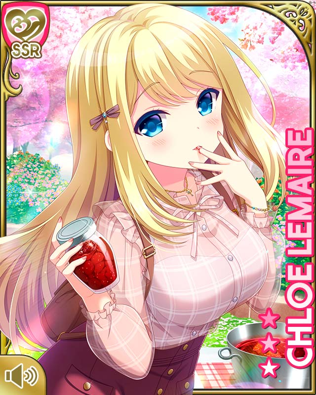 1girl blonde_hair blue_eyes card character_name chloe_lemaire close-up day food fruit girlfriend_(kari) greenhouse indoors licking_finger long_hair official_art open_mouth pink_shirt qp:flapper red_skirt see-through_clothes see-through_sleeves shirt skirt smile solo standing strawberry strawberry_jam tagme