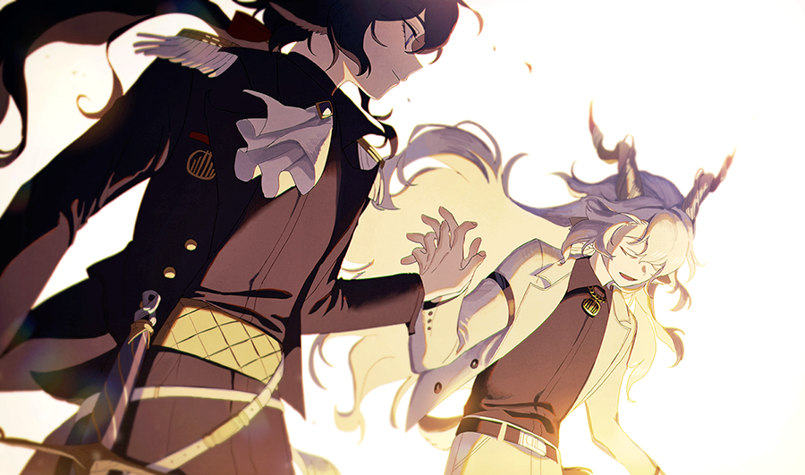 2boys :d animal_ears arknights ascot belt black_belt black_hair black_jacket black_pants black_shirt black_suit closed_eyes collared_shirt cowboy_shot cuff_links cummerbund ebenholz_(arknights) epaulettes floating_hair formal_clothes goat_boy goat_ears goat_horns hair_between_eyes holding_hands horns jacket jewelry kreide_(arknights) lapels long_hair long_sleeves looking_at_another looking_to_the_side low_ponytail male_focus multiple_boys notched_lapels open_clothes open_jacket open_mouth pants pendant ponytail pq profile purple_eyes sheath sheathed shirt simple_background sleeve_garter smile suit sword upper_body weapon white_ascot white_background white_hair white_jacket white_pants white_suit
