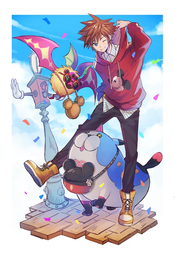 1boy alternate_costume arm_up black_pants blue_eyes blue_sky boots brown_hair chinese_commentary cloud cloudy_sky collared_shirt commentary_request confetti creature disneyland dream_eater_(kingdom_hearts) flying full_body grin happy hood hood_down hoodie kingdom_hearts kingdom_hearts_3d:_dream_drop_distance koumori_bat lamppost leg_up looking_at_viewer male_focus mickey_mouse mickey_mouse_&amp;_friends one_eye_closed orange_boots pants red_hoodie shirt short_hair sky smile sora_(kingdom_hearts) spiked_hair standing striped_clothes striped_shirt sunglasses wing_collar wondernyan_(kingdom_hearts) yurichi_(artist)