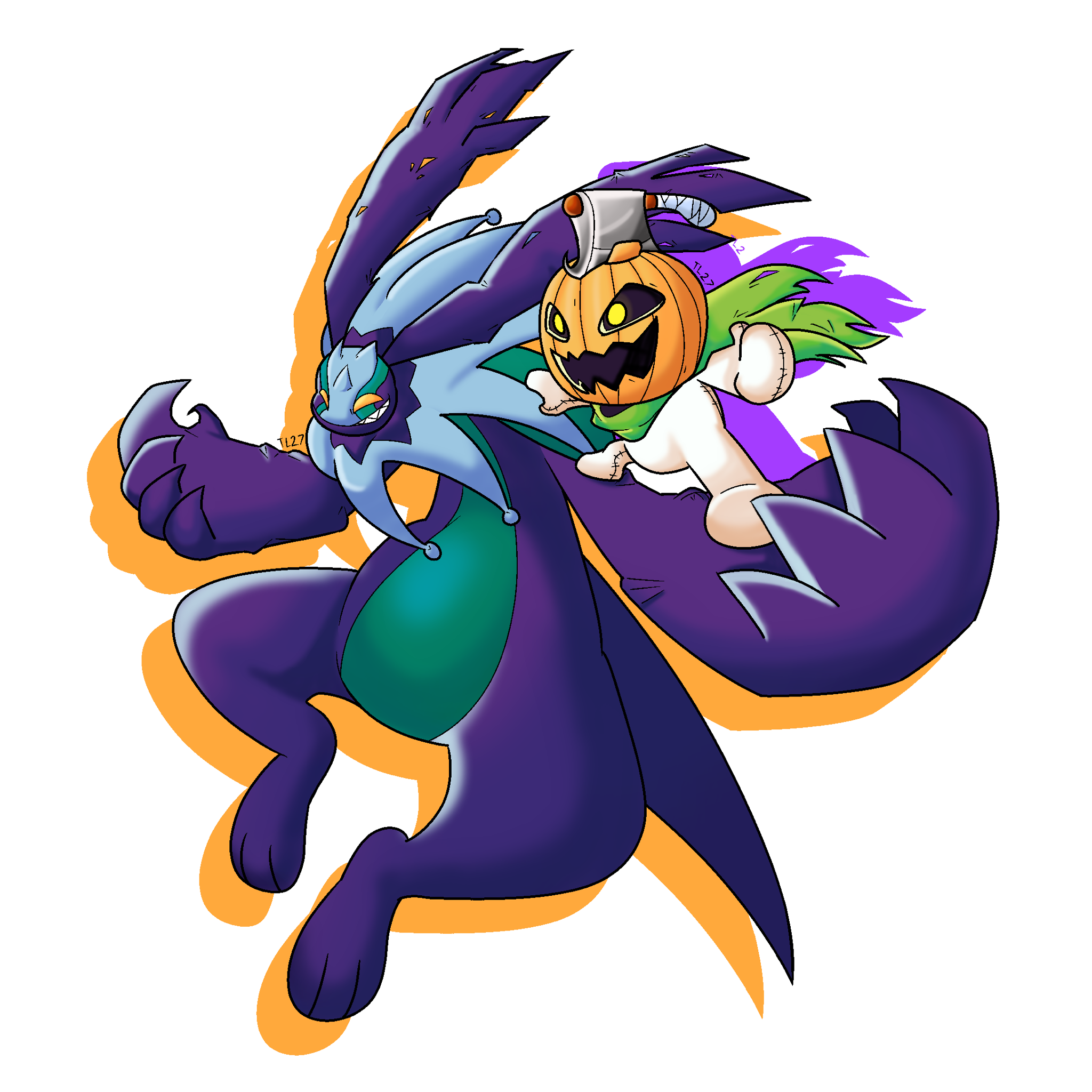 cherubimon cherubimon_(vice) digimon digimon_(creature) highres horns open_mouth pumpmon scarf smile