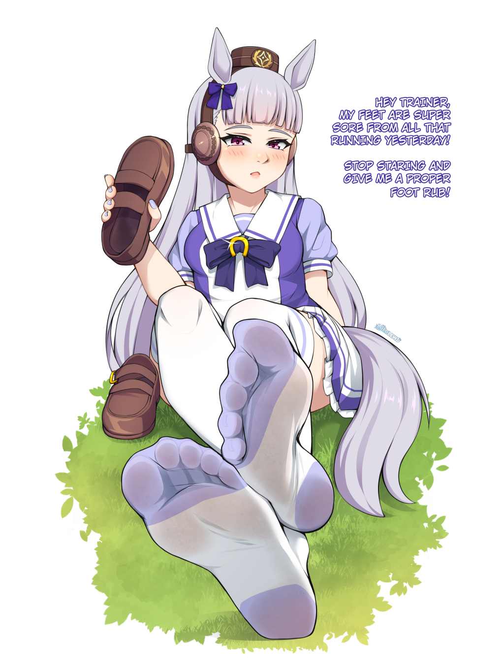 1girl animal_ears blue_bow blue_dress blue_nails blush bow brown_hat brown_shoes check_copyright copyright_request dress feet gold_ship_(umamusume) grass hat highres holding holding_shoes holding_unworn_clothes horse_ears horse_girl horse_tail looking_at_viewer lululewd nervous no_shoes on_grass presenting_foot purple_eyes shoes sitting socks soles solo tail thighhighs toes umamusume unworn_shoes white_hair white_thighhighs