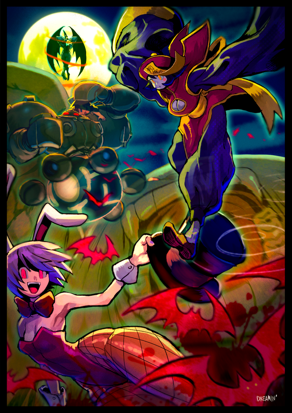 animal_ears armpits bat_(animal) bat_wings blood blood_splatter blue_skin breasts chinese_clothes cleavage_cutout clothing_cutout colored_skin demitri_maximoff demon_girl dreaminerryday fang fangs fishnets flipped_hair glowing glowing_eyes hat highres jiangshi hsien-ko leotard lilith_(darkstalkers) moon ofuda huitzil_(darkstalkers) pink_hair playboy_bunny qingdai_guanmao rabbit_ears red_eyes red_leotard robot sasquatch_(darkstalkers) small_breasts thick_thighs thighs top_hat vampire darkstalkers wide_hips wings yeti_(creature) zombie