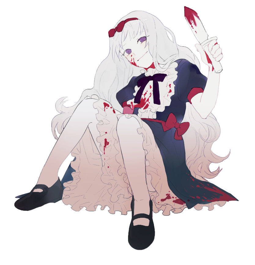 1girl blonde_hair blood blood_on_face bloody_knife bow chloe_ardenne chloe_no_requiem dress frilled_skirt frills hair_bow holding holding_knife knees_up knife long_hair looking_at_viewer mary_janes purple_eyes shoes sitting skirt smile solo sssen