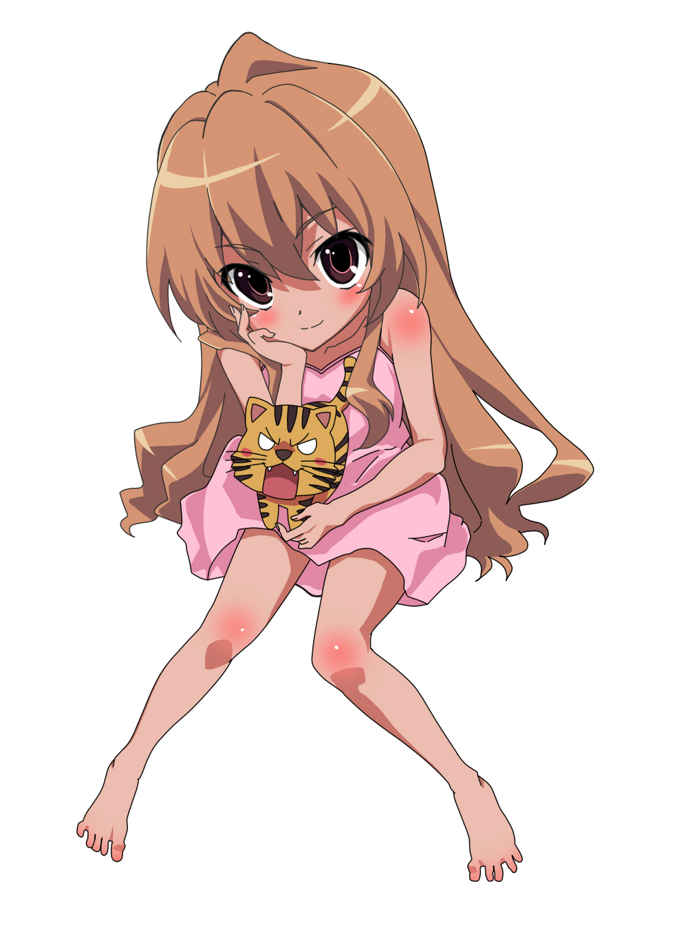 1girl aisaka_taiga barefoot blush brown_eyes brown_hair commentary_request dress full_body hair_between_eyes hand_on_own_cheek hand_on_own_face highres long_hair looking_at_viewer nyantamaran official_art palmtop_tiger pink_dress simple_background sitting smile toradora! white_background