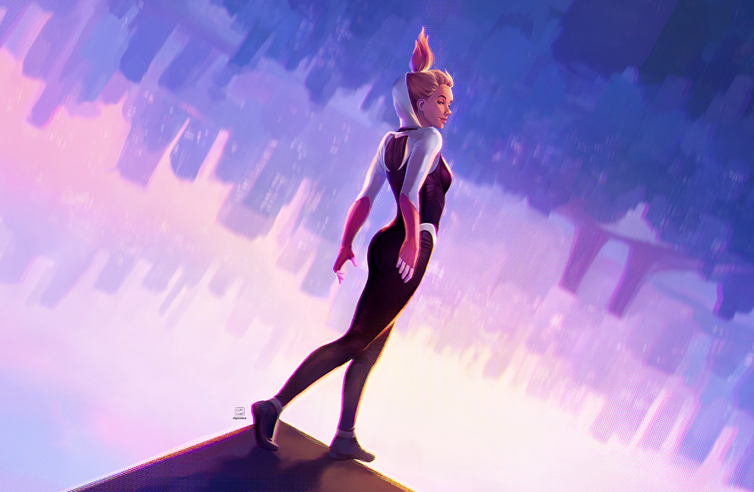 1girl arched_back black_bodysuit blonde_hair bodysuit breasts cityscape clayscence commentary english_commentary full_body gwen_stacy hood hood_up hooded_bodysuit looking_at_viewer marvel medium_breasts multicolored_bodysuit pink_bodysuit ponytail scene_reference sideways_glance skin_tight smile solo spider-gwen spider-man:_across_the_spider-verse spider-man_(series) spider-verse upside-down white_background