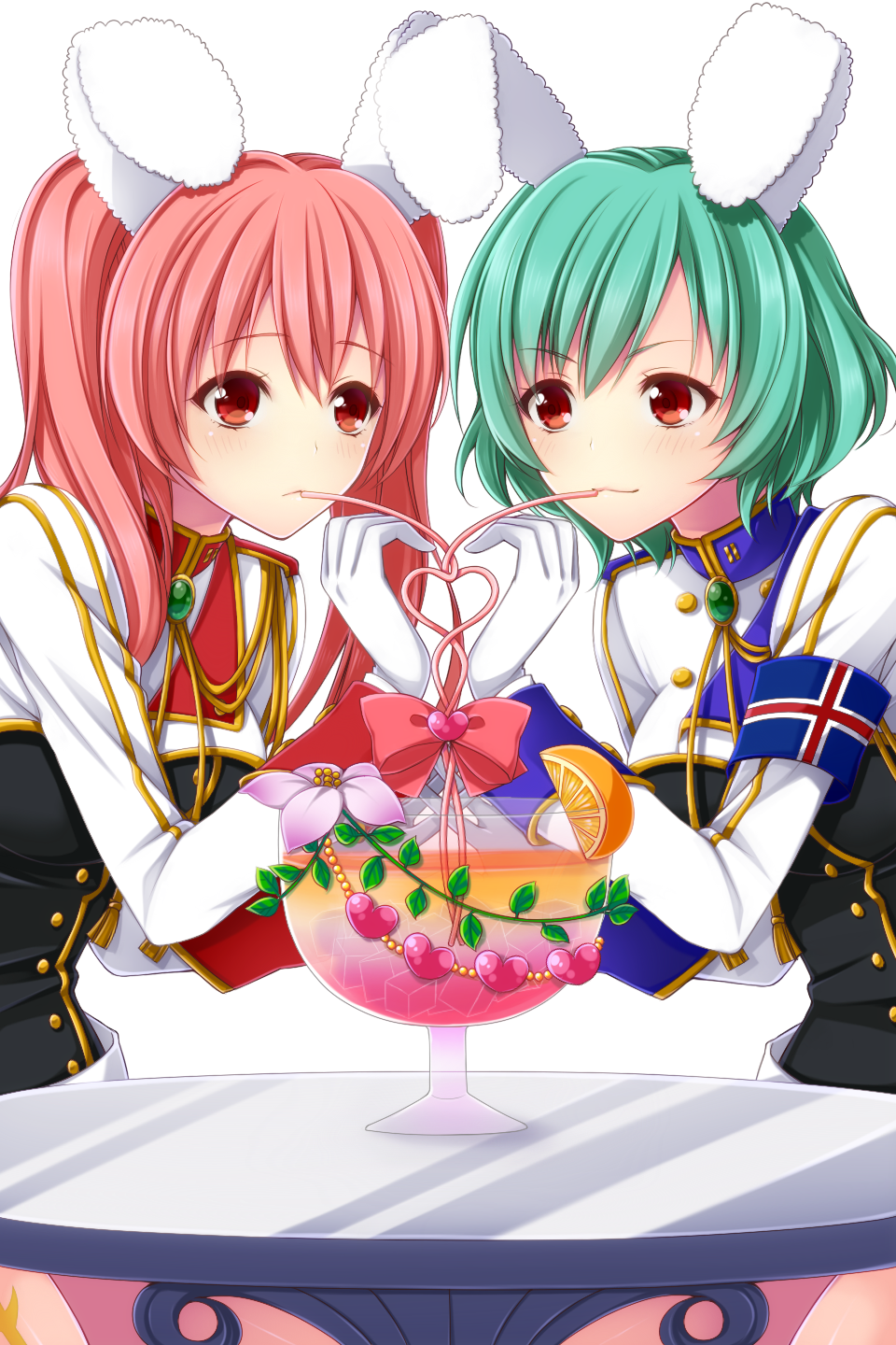 07th_expansion 2girls animal_ears aqua_hair armband bow chiester410 chiester45 chiester_sisters drink drinking drinking_straw female_focus flower food fruit heart heart_hands highres military military_uniform multiple_girls no_naku_koro_ni_(series) orange_(fruit) pink_hair rabbit_ears red_eyes shared_drink sitting table transparent_background twintails umineko_no_naku_koro_ni uzu_hi yuri