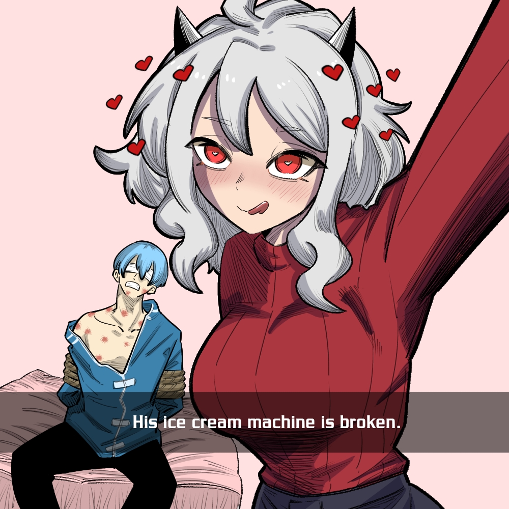 1boy 1girl ahoge bandages bandages_over_eyes bdsm bed beforesex bite_mark blue_hair bondage bound breasts crossover english_text femdom heart heart-shaped_pupils helltaker himmel_(sousou_no_frieren) horns implied_sex large_breasts long_hair modeus_(helltaker) recording red_eyes selfie smile sousou_no_frieren sweater symbol-shaped_pupils tongue tongue_out white_hair whjtedragonfly