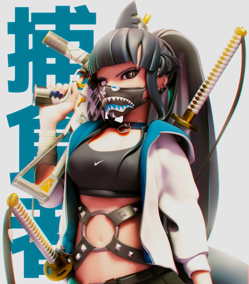 +_+ 1girl 3d a_bathing_ape artemis_of_the_blue atelier_live black_eyes black_hair grey_hoodie gun hair_behind_ear highres holding holding_gun holding_weapon hood hoodie katana long_hair looking_at_viewer mask mouth_mask navel nike_(company) o-ring ponytail pwr_aftr shark_fin shark_girl solo sports_bra submachine_gun sword valorant virtual_youtuber weapon weapon_on_back