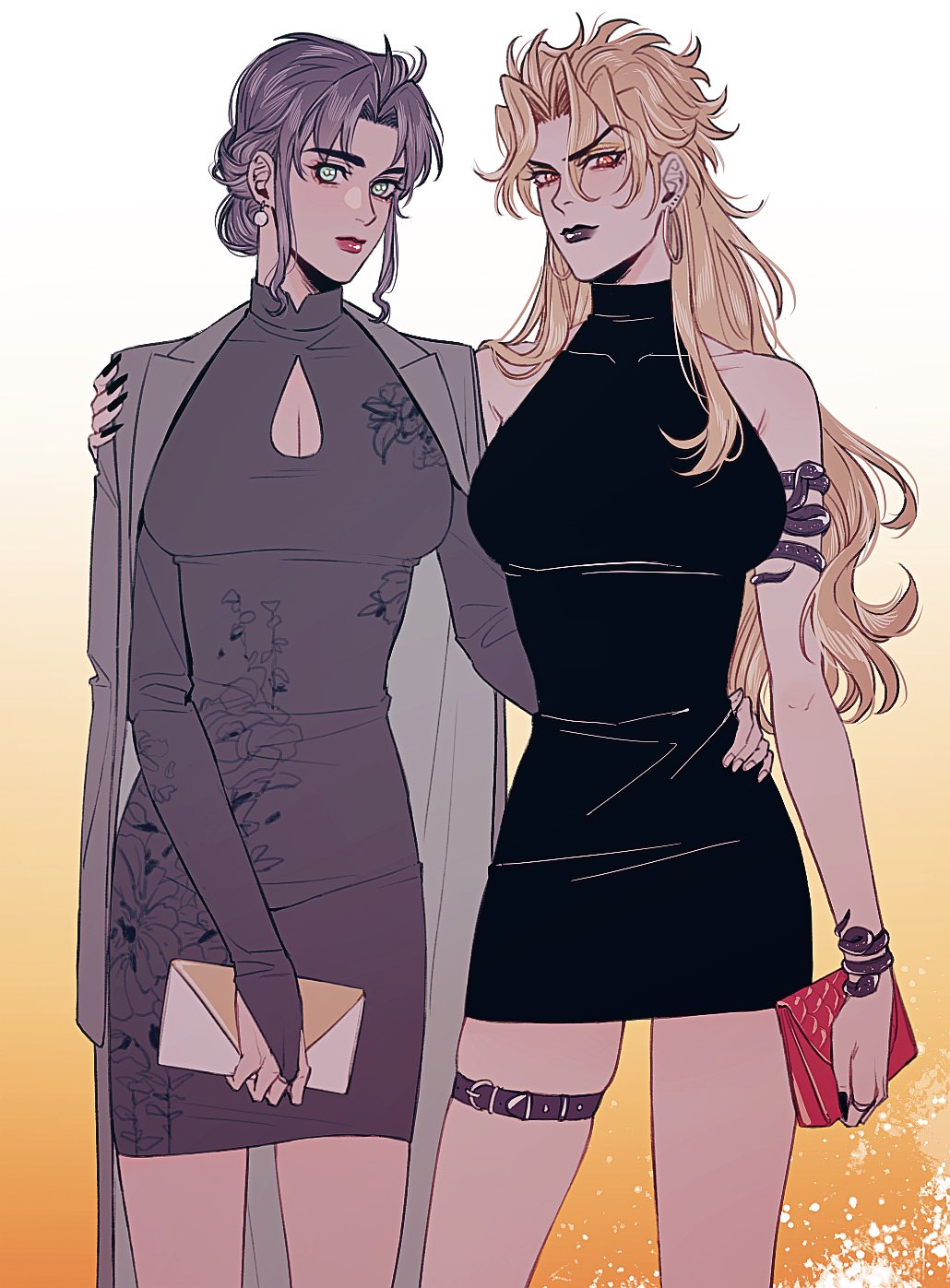 2girls bag bare_shoulders black_dress black_lips black_nails blonde_hair blue_eyes blue_hair breasts cleavage_cutout closed_mouth clothing_cutout coat coat_on_shoulders dio_brando dress ear_birthmark earrings genderswap genderswap_(mtf) hako_iix07 hand_on_another&#039;s_shoulder hand_on_another&#039;s_waist handbag highres holding hoop_earrings jewelry jojo_no_kimyou_na_bouken jonathan_joestar large_breasts long_hair long_sleeves looking_at_viewer makeup multiple_girls pearl_earrings phantom_blood red_eyes red_lips smile standing strapless strapless_dress thighs very_long_hair yuri