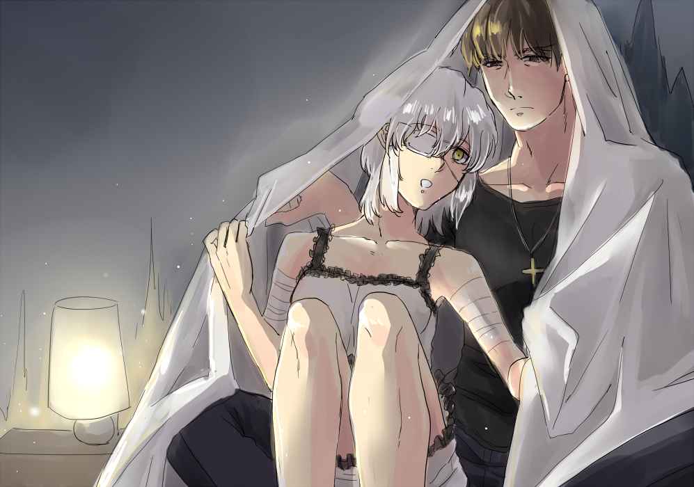1boy 1girl bad_id bad_pixiv_id bandages blanket brown_eyes brown_hair claudia_hortensia couple cross cross_necklace dress eyepatch fate/zero fate_(series) hetero husband_and_wife jewelry kotomine_kirei monchan19870113 necklace short_hair white_hair yellow_eyes yukai_sachiko