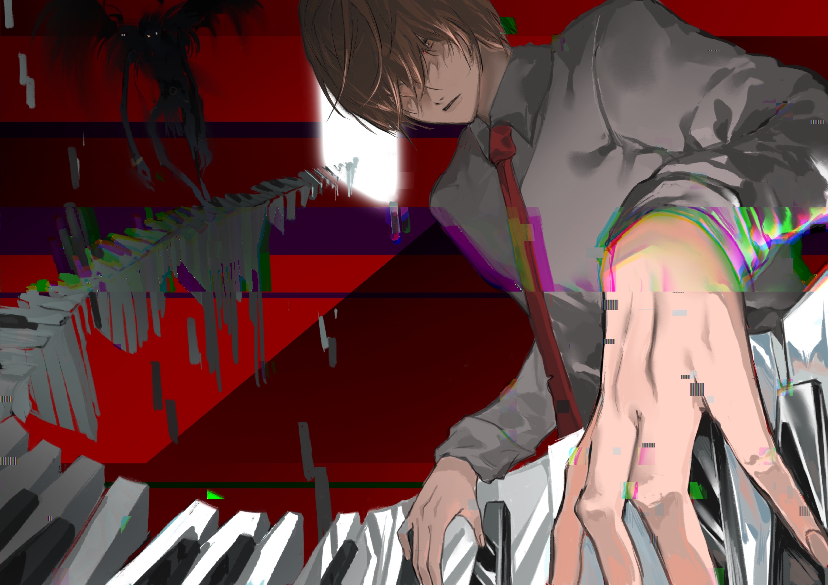 2boys abstract absurdres brown_eyes brown_hair collared_shirt death_note dress_shirt full_body glowing hair_between_eyes hair_over_one_eye highres instrument looking_down male_focus multiple_boys music necktie one_eye_covered parted_lips patterned_background piano playing_instrument playing_piano red_background red_necktie ryuk shinigami shirt short_hair solo_focus thisisimpossible upper_body white_shirt yagami_light