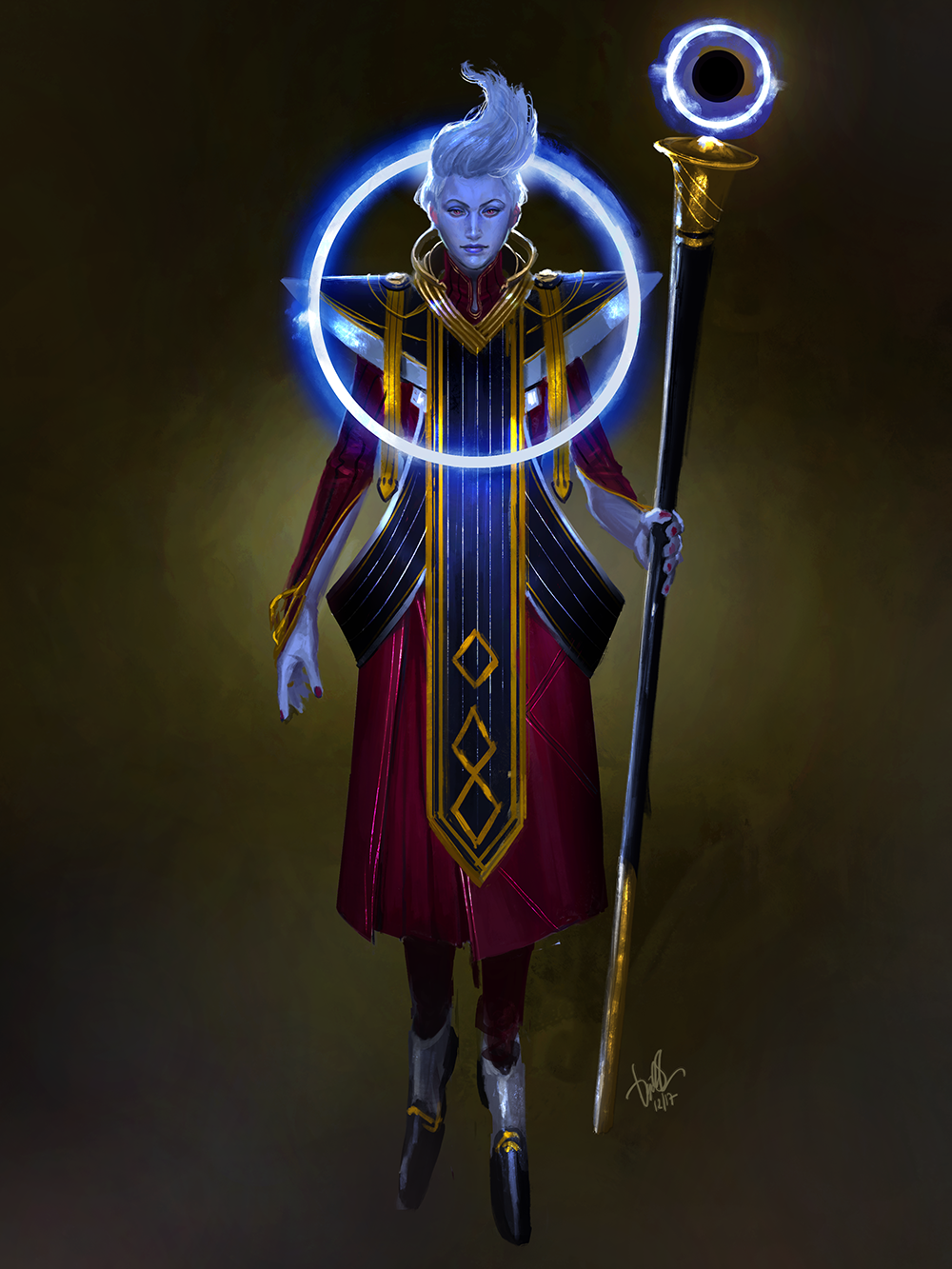 1boy ancient_egyptian_clothes angel artist_name blue_skin colored_skin diego_cunha dragon_ball dragon_ball_super full_body glowing glowing_halo halo high_collar highres holding holding_staff long_sleeves looking_at_viewer male_focus purple_hair purple_lips purple_nails realistic red_robe robe shoes simple_background solo staff tall_hair whis white_hair