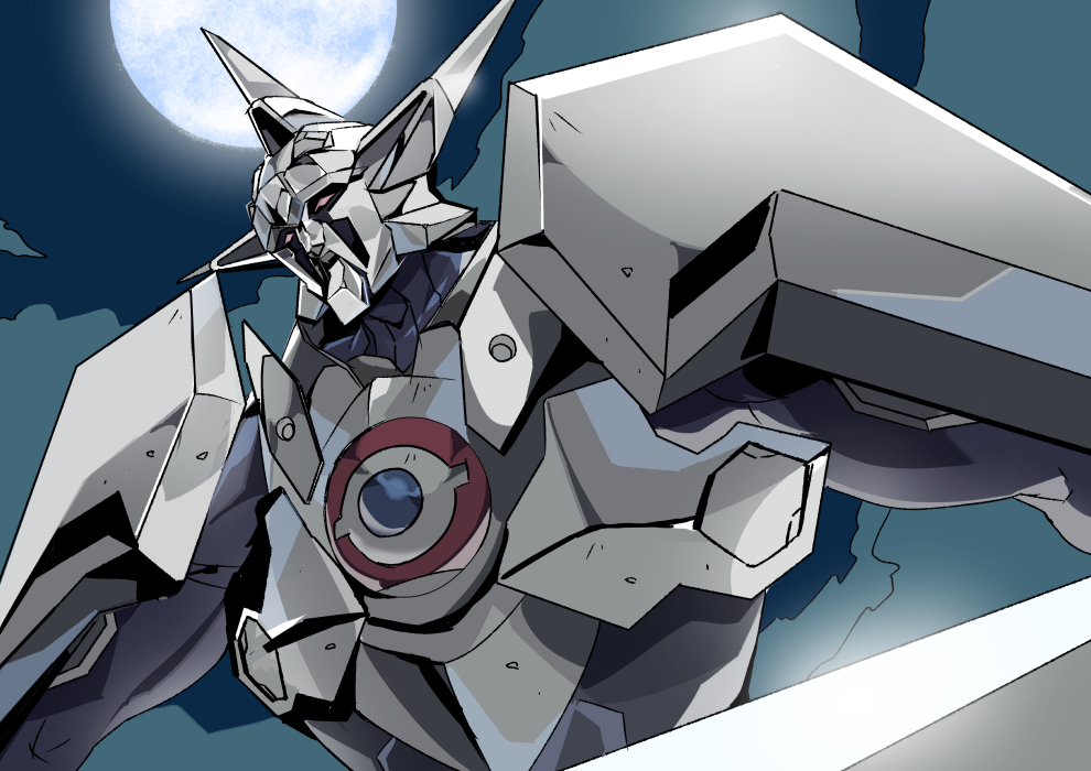 close-up commentary daison dann_of_thursday from_below gunxsword mecha moon night night_sky no_humans purple_eyes robot sky solo upper_body