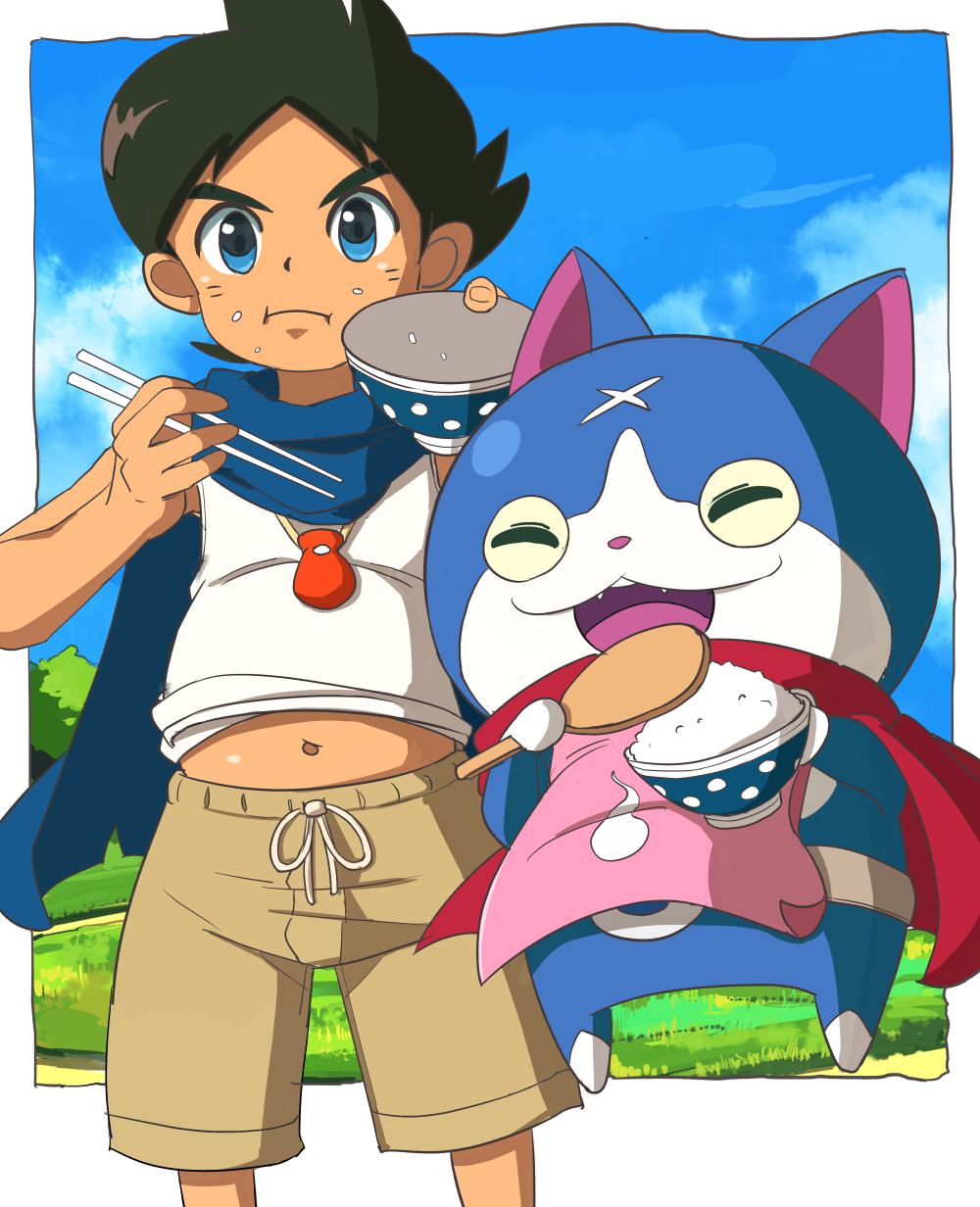 10s 1boy :d bad_id bad_pixiv_id besuyama brown_hair cape cat chopsticks clothes_lift closed_eyes facial_mark food fuyunyan highres jewelry keizou multicolored_eyes navel necklace open_mouth red_cape rice shirt_lift short_hair shorts smile tank_top very_short_hair traditional_youkai youkai_watch