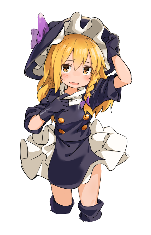 1girl berazasu black_coat black_gloves black_hat blonde_hair blush bow braid buttons coat cookie_(touhou) cowboy_shot frilled_hat frills gloves hair_bow hat kirisame_marisa long_hair looking_at_viewer open_mouth petticoat purple_bow rei_(cookie) shirt side_braid simple_background single_braid smile solo touhou turtleneck turtleneck_shirt white_background white_shirt witch_hat yellow_eyes