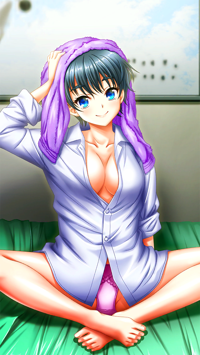 1girl bare_legs barefoot bed_sheet black_hair blue_eyes bob_cut breasts cleavage closed_mouth collarbone collared_shirt doukyuusei_(series) doukyuusei_2 doukyuusei_another_world dress_shirt game_cg head_tilt indian_style indoors large_breasts looking_at_viewer no_bra official_art on_bed panties partially_unbuttoned pink_panties shinohara_izumi shirt short_hair sitting smile solo towel towel_on_head underwear white_shirt wing_collar