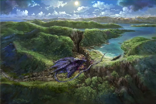 blood blue_sky cloud colored_blood concept_art day engi_(animation_studio) forest gamera_(series) gamera_-rebirth- giant giant_monster hill island kadokawa kaiju long_tail manta_ray monster mountain nature no_humans ocean official_art outdoors purple_blood sky stinger stingray sun tail takahama_kan very_long_tail water wounds zigra
