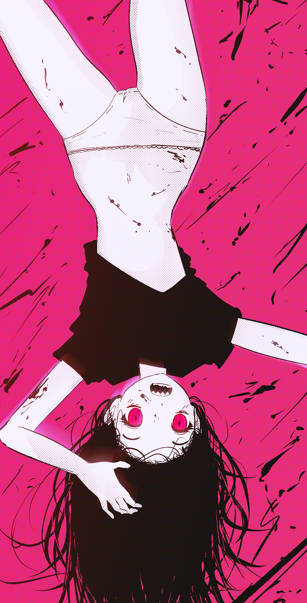 1girl black_hair blood blood_on_face blood_splatter highres lena_miaou navel niku_(lena_miaou) original panties red_eyes sharp_teeth teeth thighs underwear upside-down