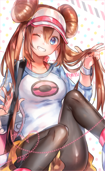1girl bad_id bad_pixiv_id black_pantyhose blue_eyes blush brown_hair collarbone double_bun female_focus grin hair_bun head_tilt holding holding_own_hair long_hair long_sleeves miniskirt naru_(andante) nintendo one_eye_closed pantyhose poke_ball_print pokemon pokemon_bw2 polka_dot polka_dot_background print_shirt rosa_(pokemon) shirt sitting skirt smile solo twintails very_long_hair visor_cap yellow_skirt