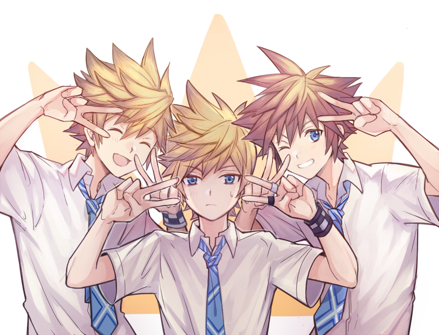 3boys blonde_hair blue_eyes blue_necktie brown_hair closed_eyes collared_shirt grin hair_between_eyes jewelry kingdom_hearts looking_at_viewer male_focus multiple_boys necktie one_eye_closed open_mouth plaid_clothes plaid_necktie ring roxas school_uniform shirt short_hair short_sleeves smile sora_(kingdom_hearts) spiked_hair sweatdrop teeth upper_body v ventus_(kingdom_hearts) white_shirt wristband yurichi_(artist)
