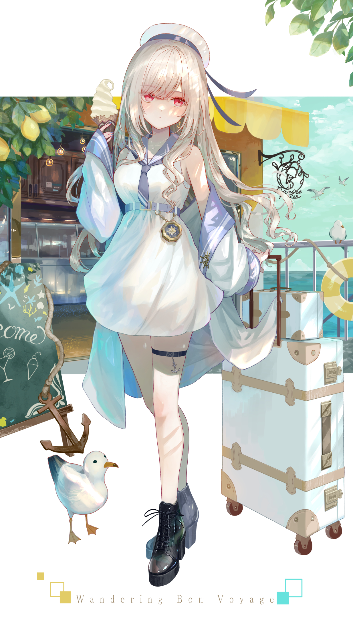 1girl anchor_earrings animal awning bare_shoulders beret bird black_shoes blue_nails blue_sailor_collar blue_sky breasts closed_mouth cloud cloudy_sky commentary_request day dress earrings food grey_hair hat high_heels highres holding holding_food horizon ice_cream ice_cream_cone ito_lab jacket jewelry lifebuoy long_hair long_sleeves looking_to_the_side medium_breasts menu_board nail_polish ocean off_shoulder open_clothes open_jacket original puffy_long_sleeves puffy_sleeves railing red_eyes rolling_suitcase sailor_collar sailor_dress seagull shoes sky sleeveless sleeveless_dress sleeves_past_wrists soft_serve solo standing suitcase swim_ring very_long_hair water white_dress white_hat white_jacket