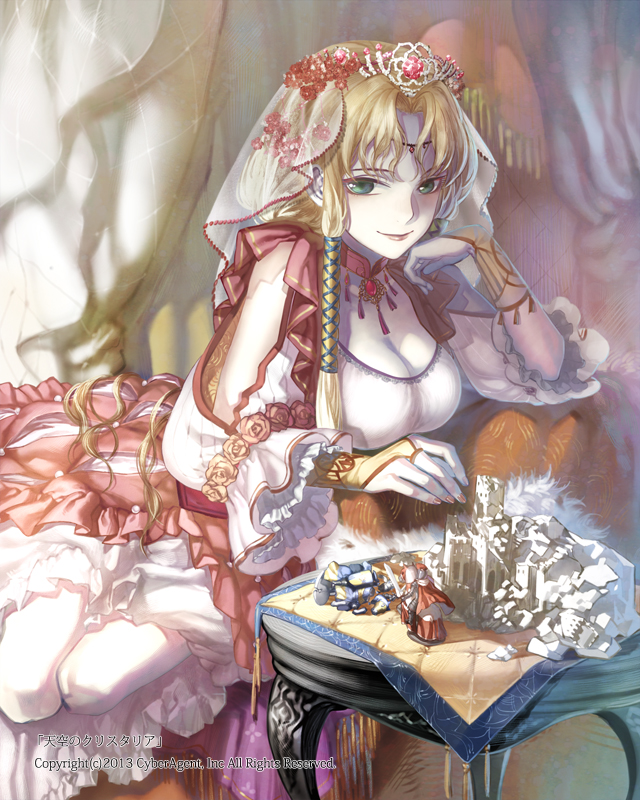 1girl blonde_hair breasts broken castle chair cleavage couch curtains female_focus figure green_eyes hair_tubes head_rest headdress long_hair looking_at_viewer model_building patterned_upholstery red_upholstery sheer_curtains skirt smile solo table tenkuu_no_crystalia ushi_(newrein) watermark