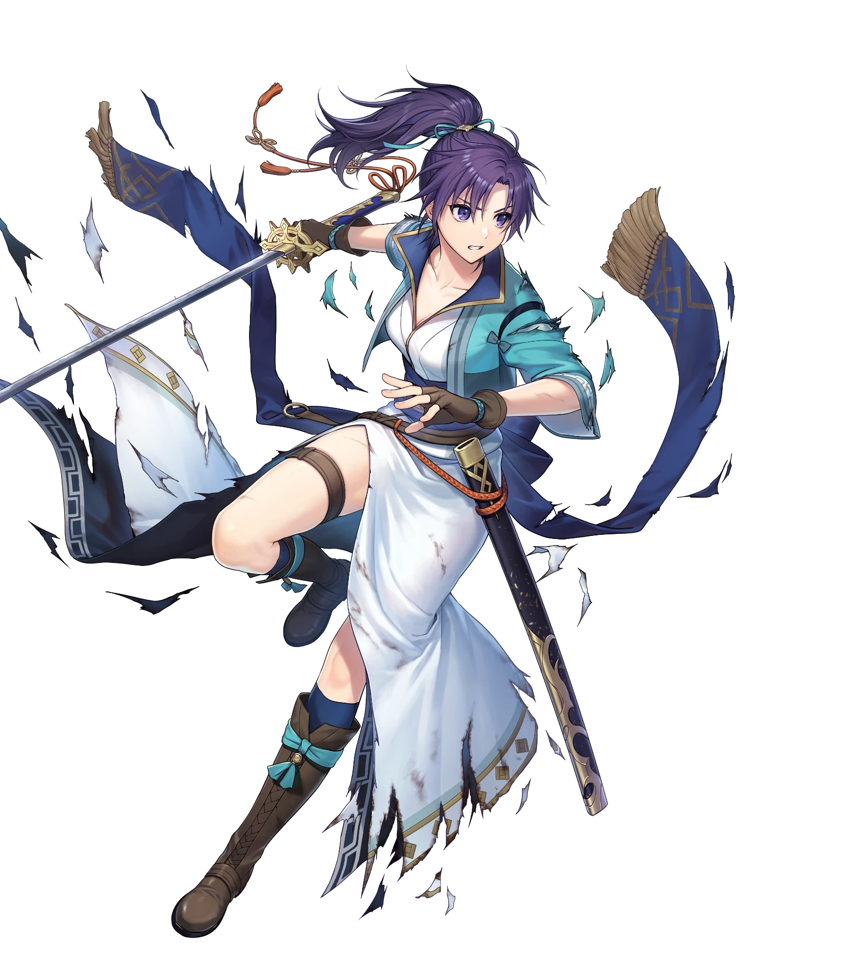 1girl boots fingerless_gloves fir_(fire_emblem) fir_(swordmaiden)_(fire_emblem) fire_emblem fire_emblem:_the_binding_blade fire_emblem_heroes full_body gloves highres japanese_clothes kiyu_(zuyu) knee_boots long_hair nintendo non-web_source obi official_art ponytail purple_eyes purple_hair sash short_sleeves solo sword thigh_strap torn_clothes transparent_background weapon