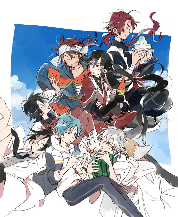 6+boys arms_behind_back back_bow bandaged_arm bandages bare_legs beard belt black_hair black_necktie black_pants black_shirt black_shorts black_sleeves blue_hair blue_kimono blue_sky blue_sleeves blush_stickers bow bowl brown_belt brown_hair character_request check_character chest_sarashi closed_eyes closed_mouth cloud coat coattails collarbone collared_coat collared_shirt day detached_sleeves facial_hair facial_mark feet_out_of_frame food forehead_mark fox frown fruit glasses grey_hair grey_shirt h_kawa hair_bow haori headband holding holding_bowl holding_food holding_fruit holding_popsicle holding_spoon holding_watermelon hood hood_down hoodie ichigo_hitofuri izumi-no-kami_kanesada jacket japanese_clothes jewelry kashuu_kiyomitsu kimono lab_coat layered_sleeves long_hair long_sleeves looking_at_another low-tied_long_hair low_ponytail midriff_peek multiple_boys necktie open_clothes open_coat open_jacket pants ponytail popsicle red_bow red_hair red_jacket red_kimono red_pants red_sleeves ring robe sarashi shaved_ice shirt short_hair short_over_long_sleeves short_sleeves shorts sky sleeves_past_wrists spoon sportswear suishinshi_masahide_(touken_ranbu) tonbokiri_(touken_ranbu) touken_ranbu tsurumaru_kuninaga turtleneck v-shaped_eyebrows watermelon watermelon_slice wavy_mouth white_background white_bow white_coat white_headband white_hood white_hoodie white_robe white_sleeves wide_sleeves yagen_toushirou