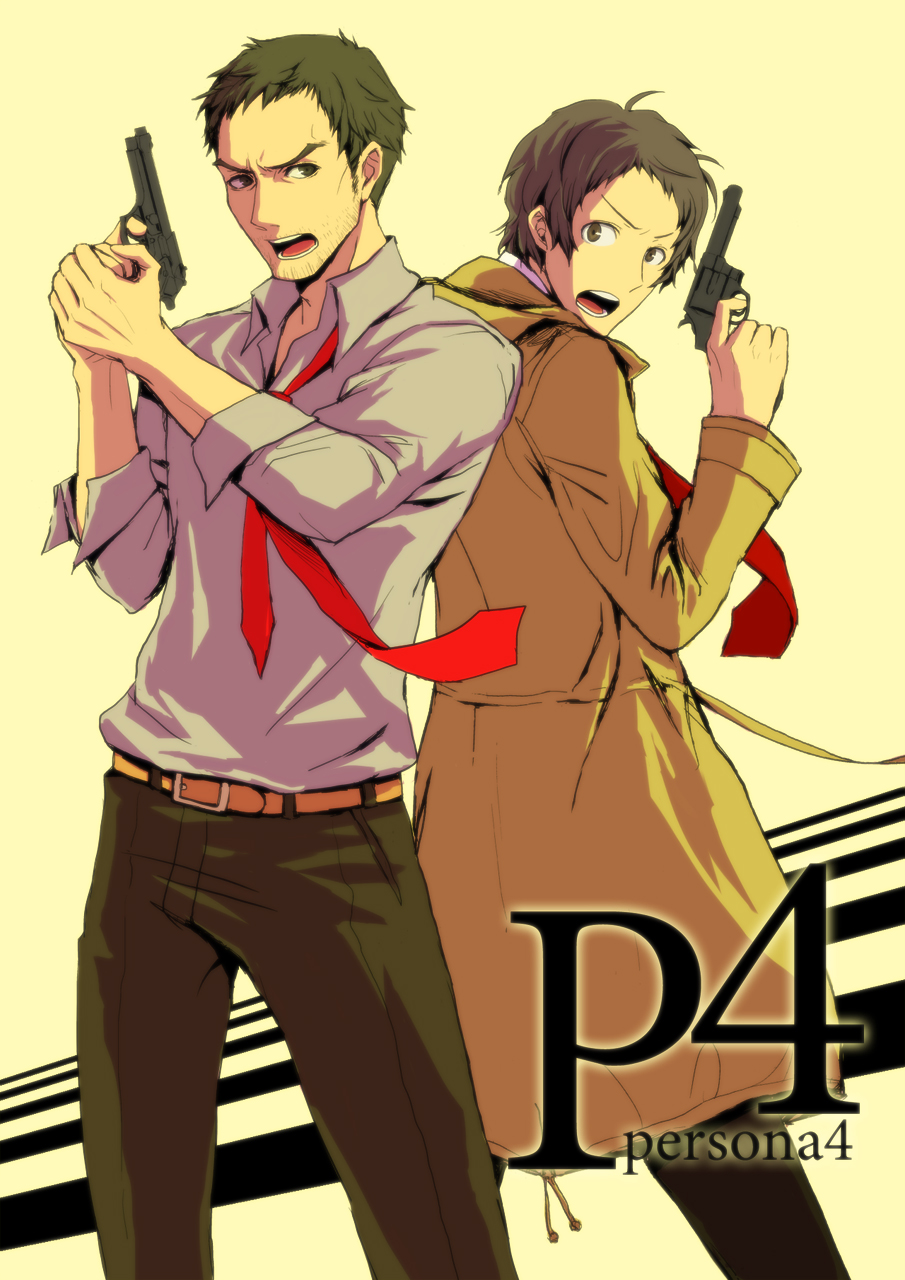 2boys :o adachi_tooru back-to-back beard_stubble belt black_pants brown_coat brown_eyes coat copyright_name doujima_ryoutarou facial_hair grey_shirt gun highres holding holding_gun holding_weapon long_sleeves male_focus multiple_boys necktie pants pencil_(enpitsu) persona persona_4 red_necktie shirt short_hair standing stubble trench_coat weapon